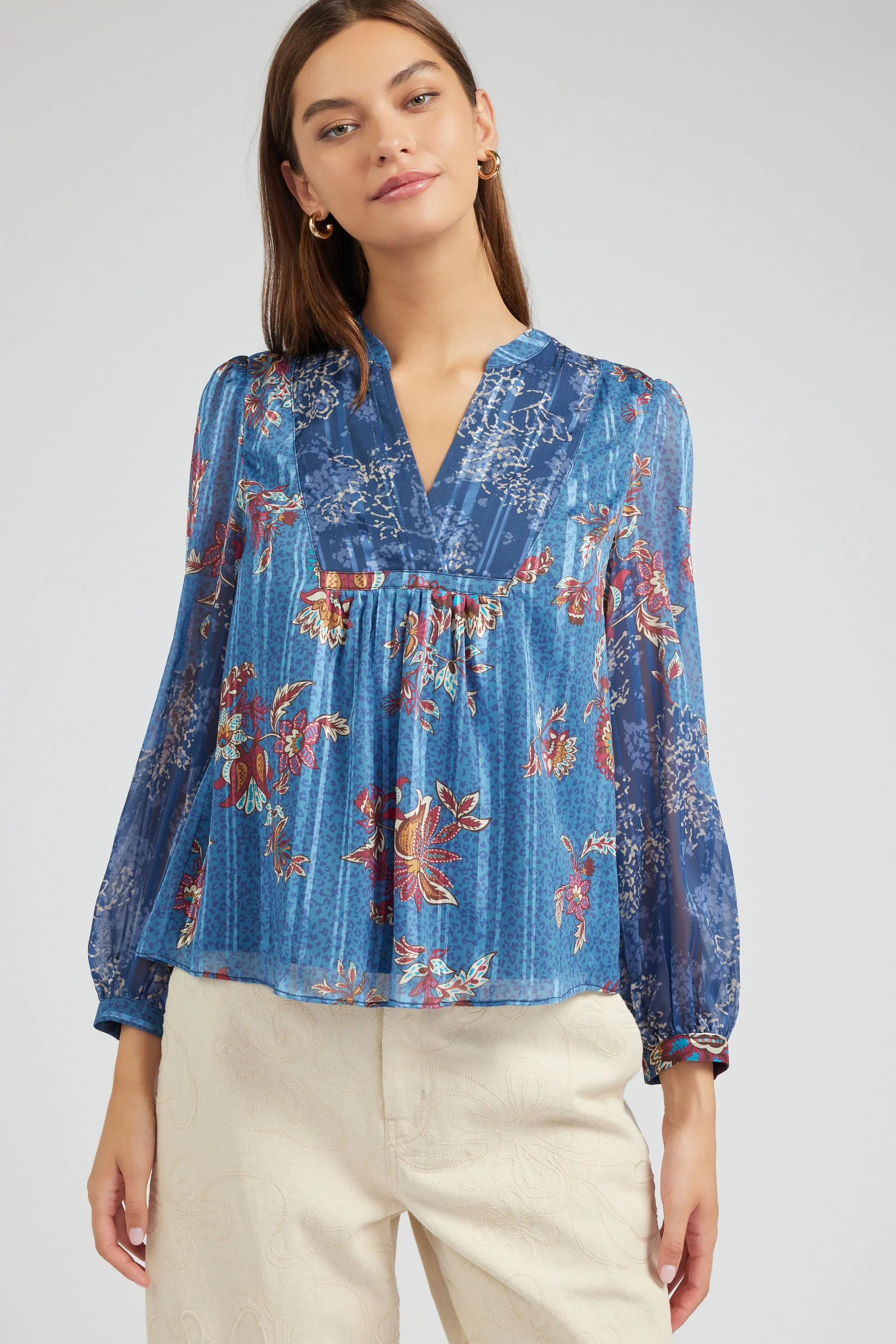 Floral Mandarin Collar Blouse sold by Current Air