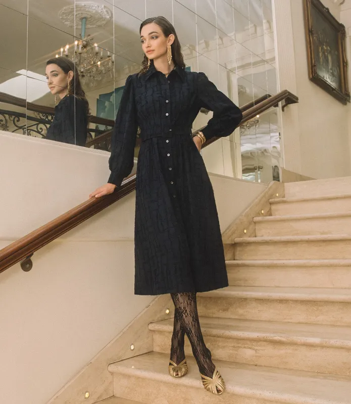 Navy Button-Down Midi Dress with Long Sleeves sold by Current Air