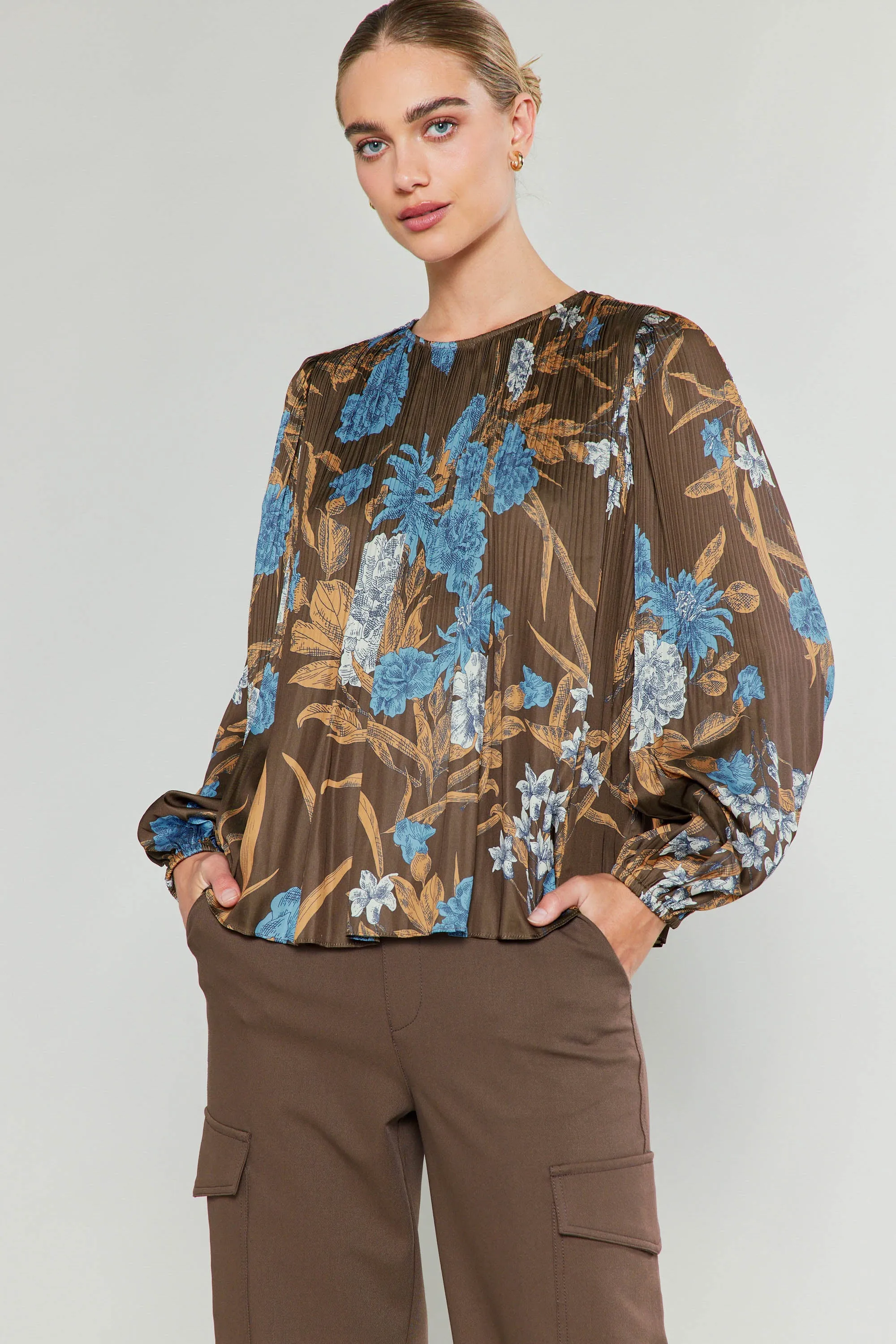 Pleated Botanical Print Blouse sold by Current Air