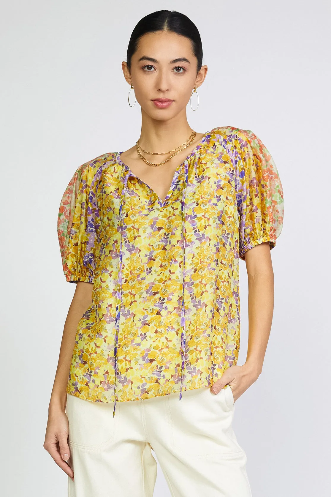 Floral Colorblock Split Neck Blouse sold by Current Air