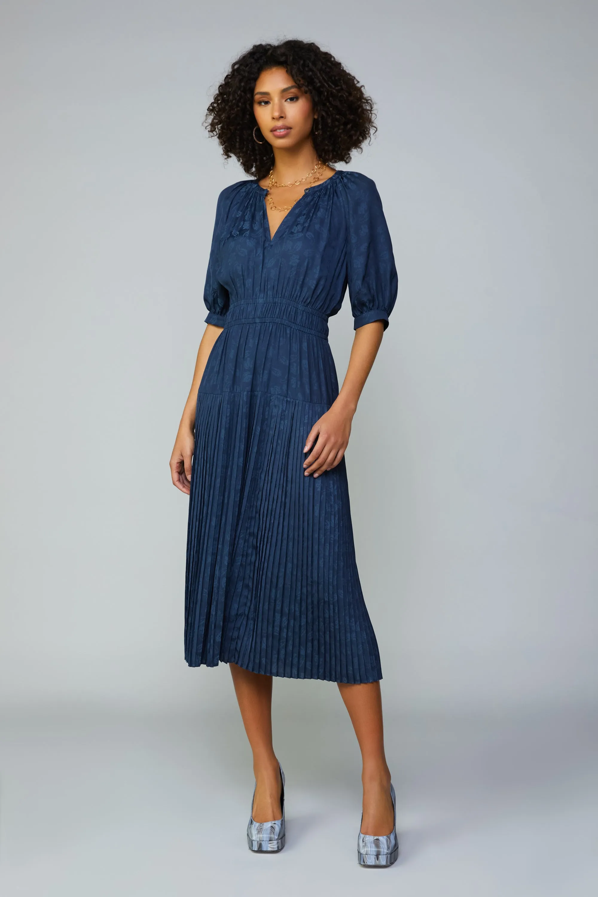 Pleated Skirt Jacquard Midi Dress sold by Current Air