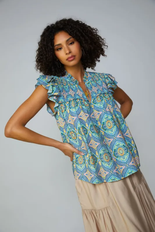 Geometric Tile Motif Flutter Sleeve Blouse sold by Current Air