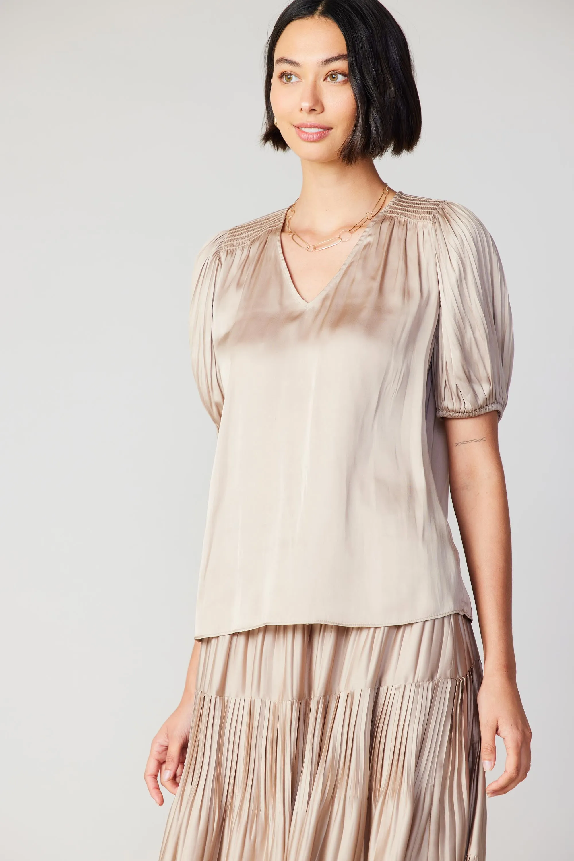 Cuffed Pleated Yoke Top sold by Current Air