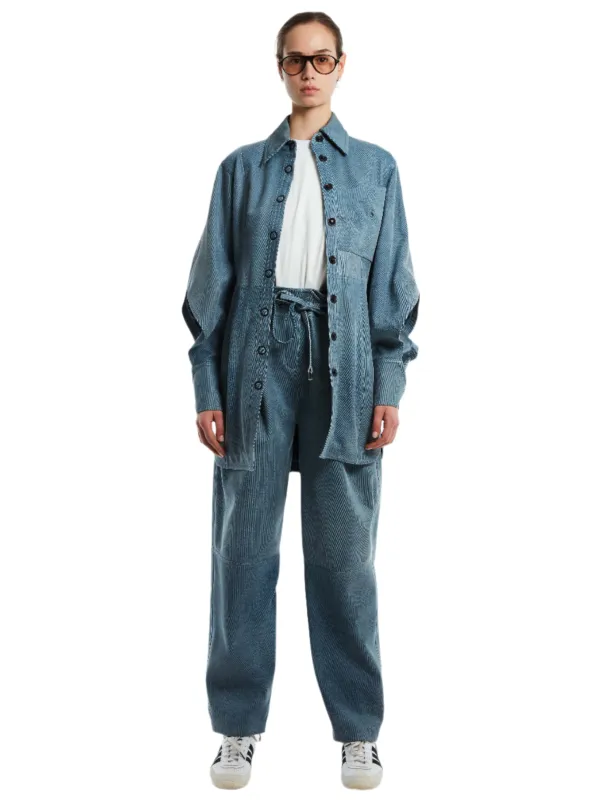 LEATHER STONE WASHED DENIM DRESS JACKET made by Yigal Azrouel