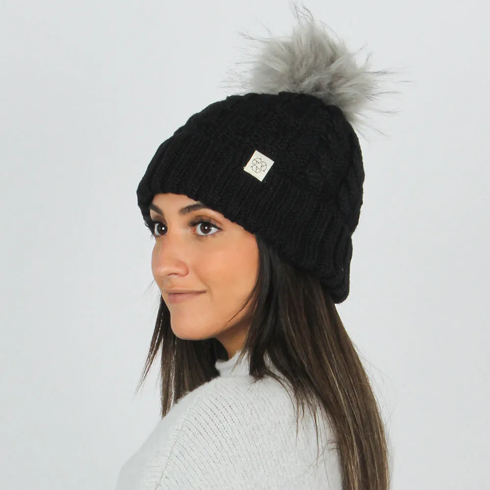 Eco-product! Recycled Polyester Beanie with Lining & Faux Fur Pom - ABB411R sold by David and Young