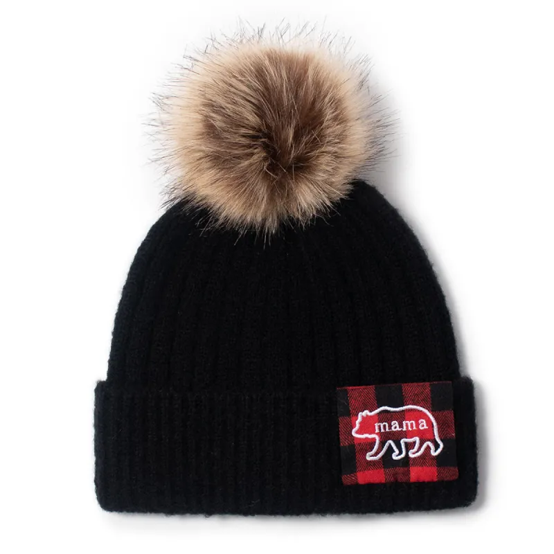 Mama Bear Rib Knit Beanie with Faux fur Pom sold by D&Y
