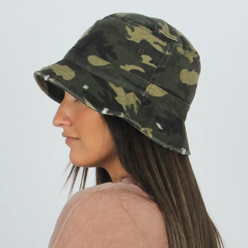 Camo Distressed Bucket Hat sold by D&Y