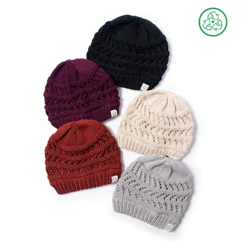 Eco-product! Recycled polyester open weave knit beanie with sherpa lining sold by David and Young