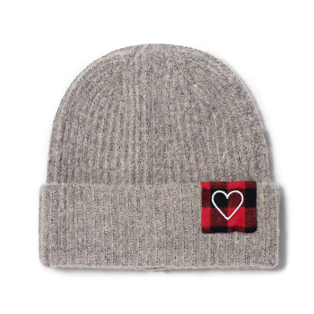Marled Ribbed Knit Beanie with Heart Buffalo Plaid Patch - ABB851 sold by David and Young product image thumbnail 3