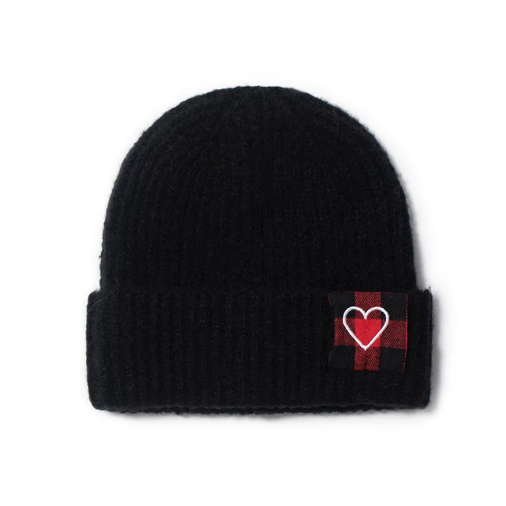 Marled Ribbed Knit Beanie with Heart Buffalo Plaid Patch - ABB851 sold by David and Young product image thumbnail 2