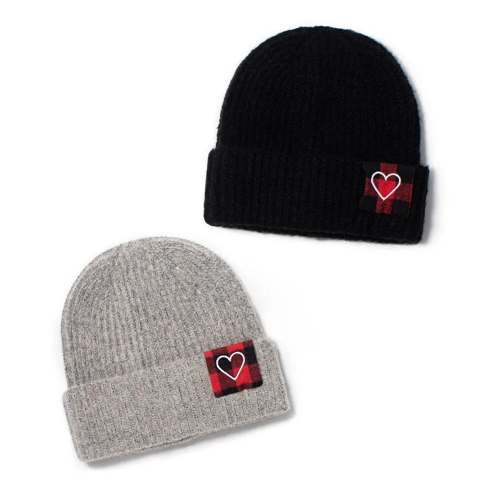 Marled Ribbed Knit Beanie with Heart Buffalo Plaid Patch - ABB851 sold by David and Young
