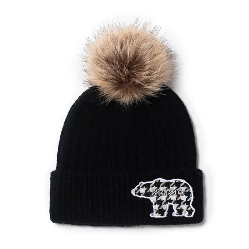 Mama Bear Ribbed Knit Beanie with Hounthstooth patch and faux fur pom sold by D&Y