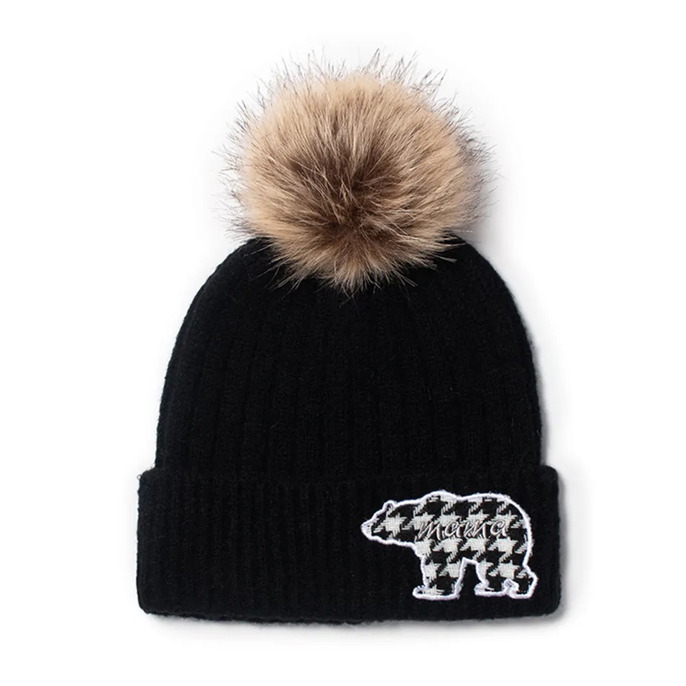 Mama Bear Ribbed Knit Beanie with Hounthstooth patch and faux fur pom sold by David and Young