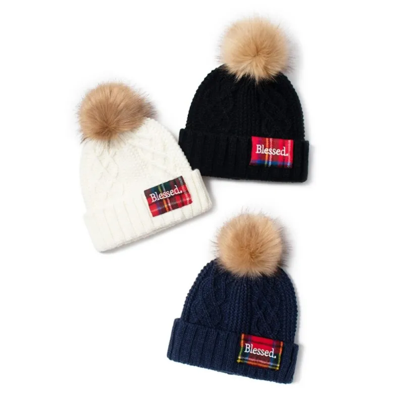 Cable Knit Beanie with Blessed Plaid Patch and Faux Fur Pom sold by David and Young