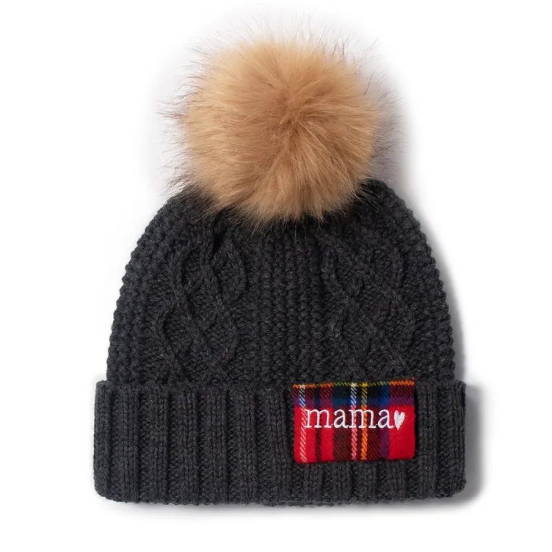 Cable Knit Beanie with Mama Plaid Patch Faux Fur Pom sold by D&Y