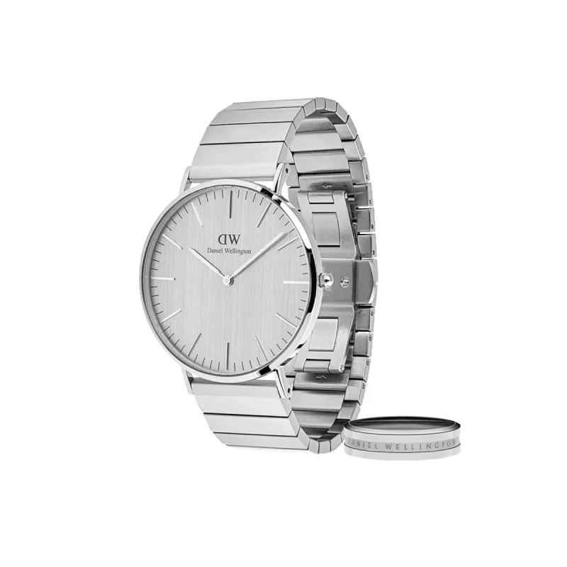 Classic Piano Link Silver Unitone & Elan Ring Set sold by Daniel Wellington