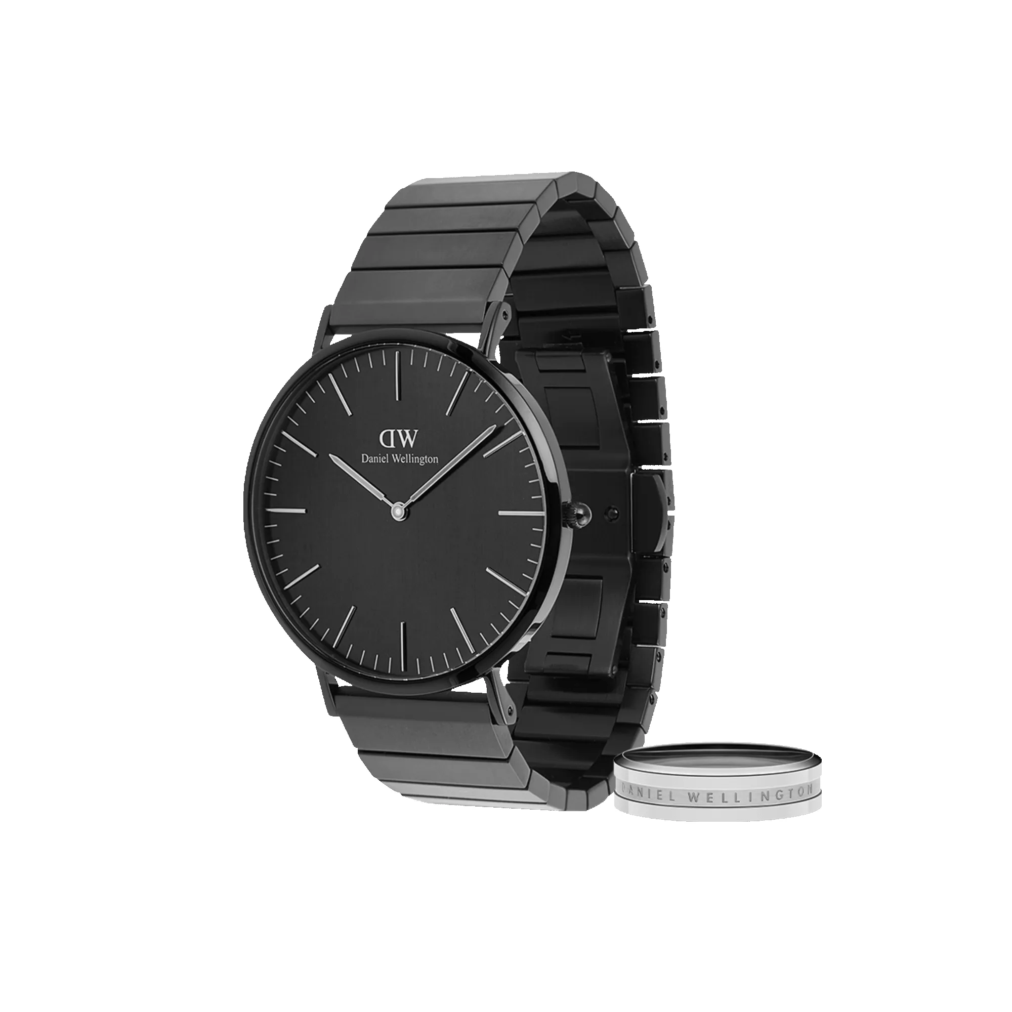 Classic Piano Link Onyx Unitone & Elan Ring Silver Set sold by Daniel Wellington