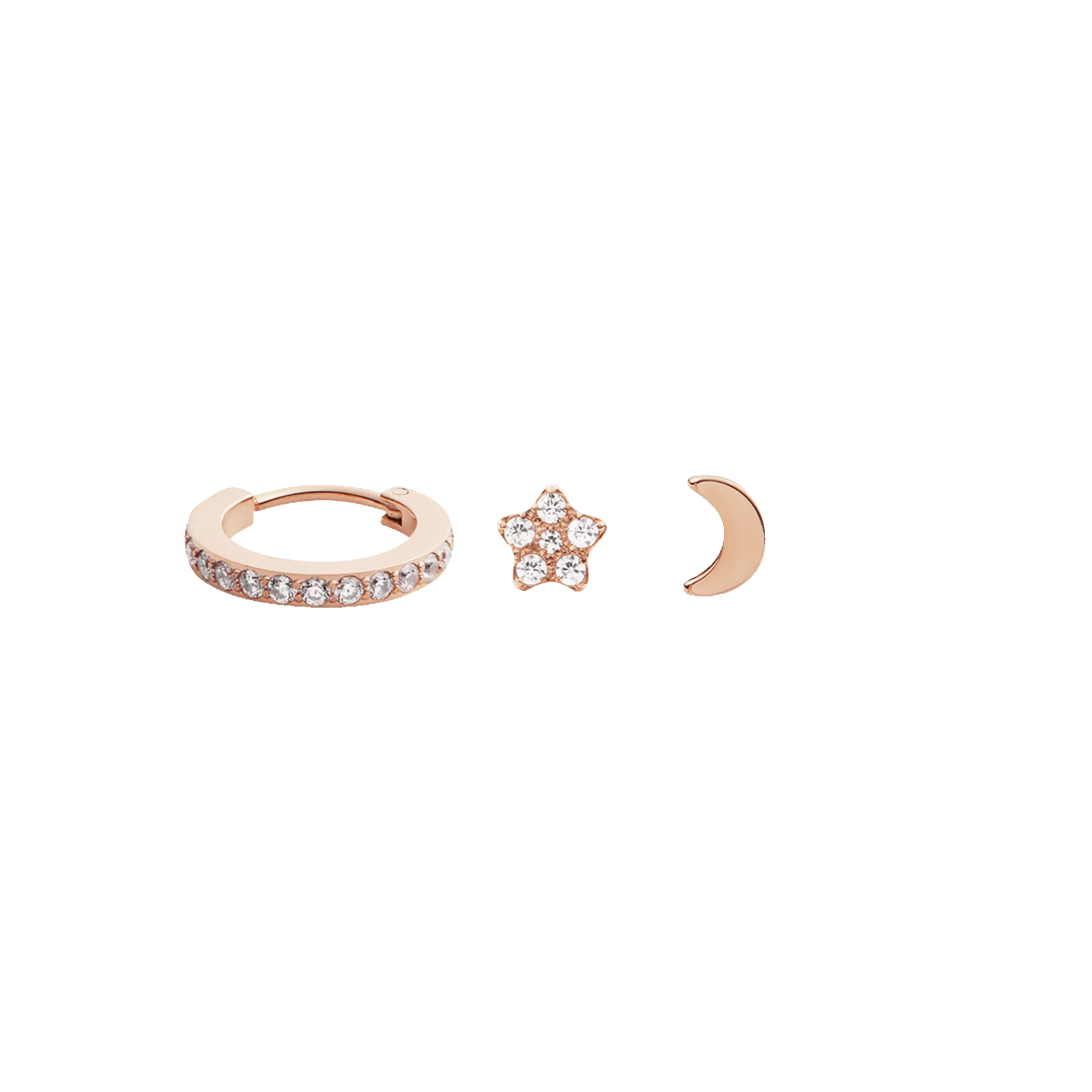 Crystal Hoop + Crystal Star + Moon Stud Rose Gold Set sold by Daniel Wellington