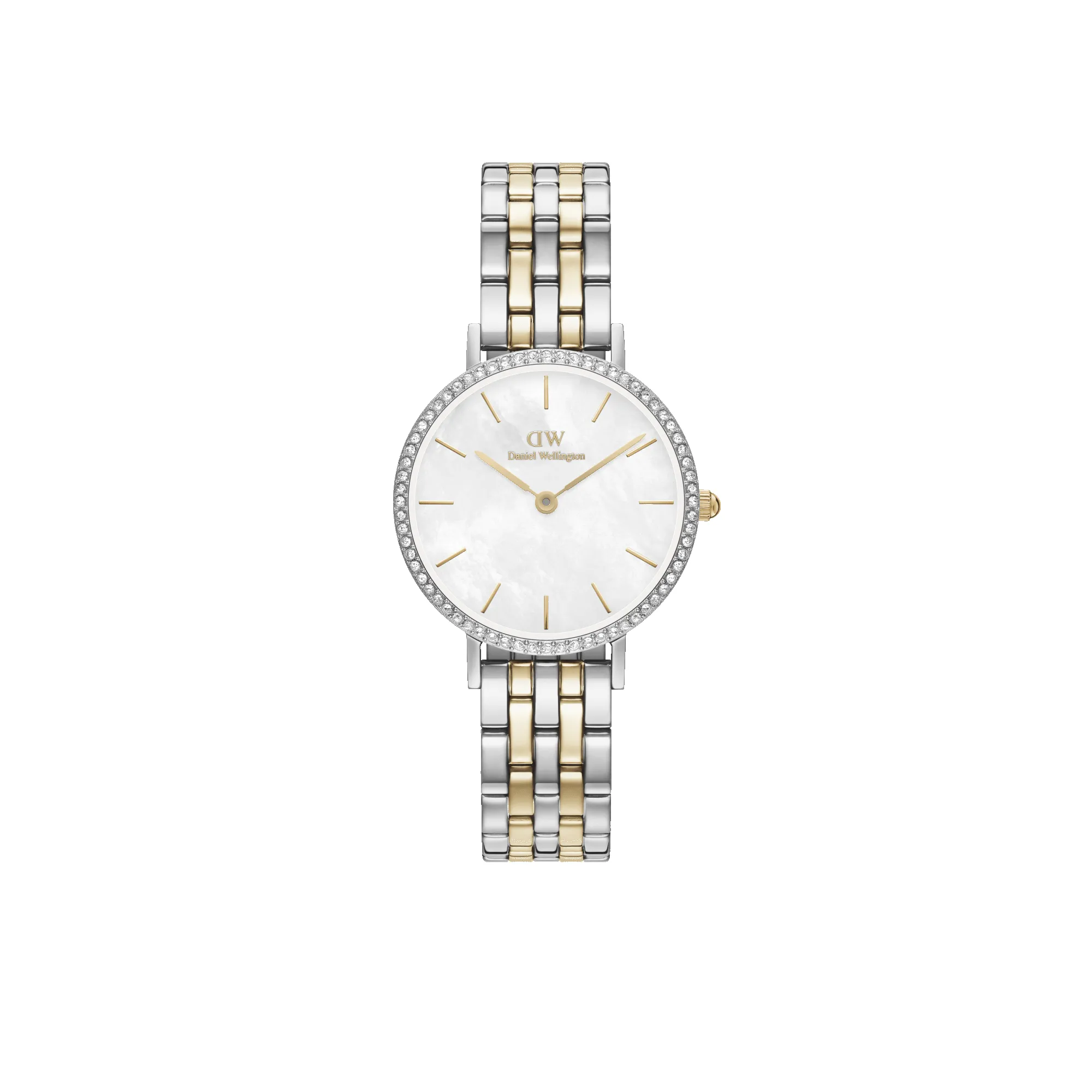 Petite Lumine Bezel 5-Link Two-Tone MOP Silver sold by Daniel Wellington