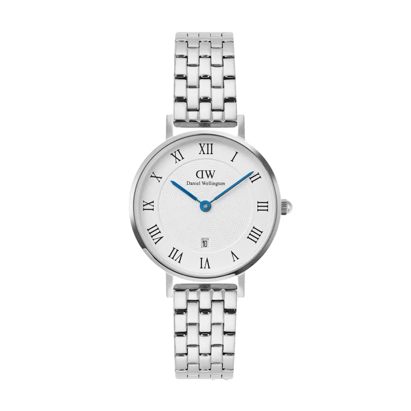 Petite Roman Numerals Date 5-link Silver sold by Daniel Wellington