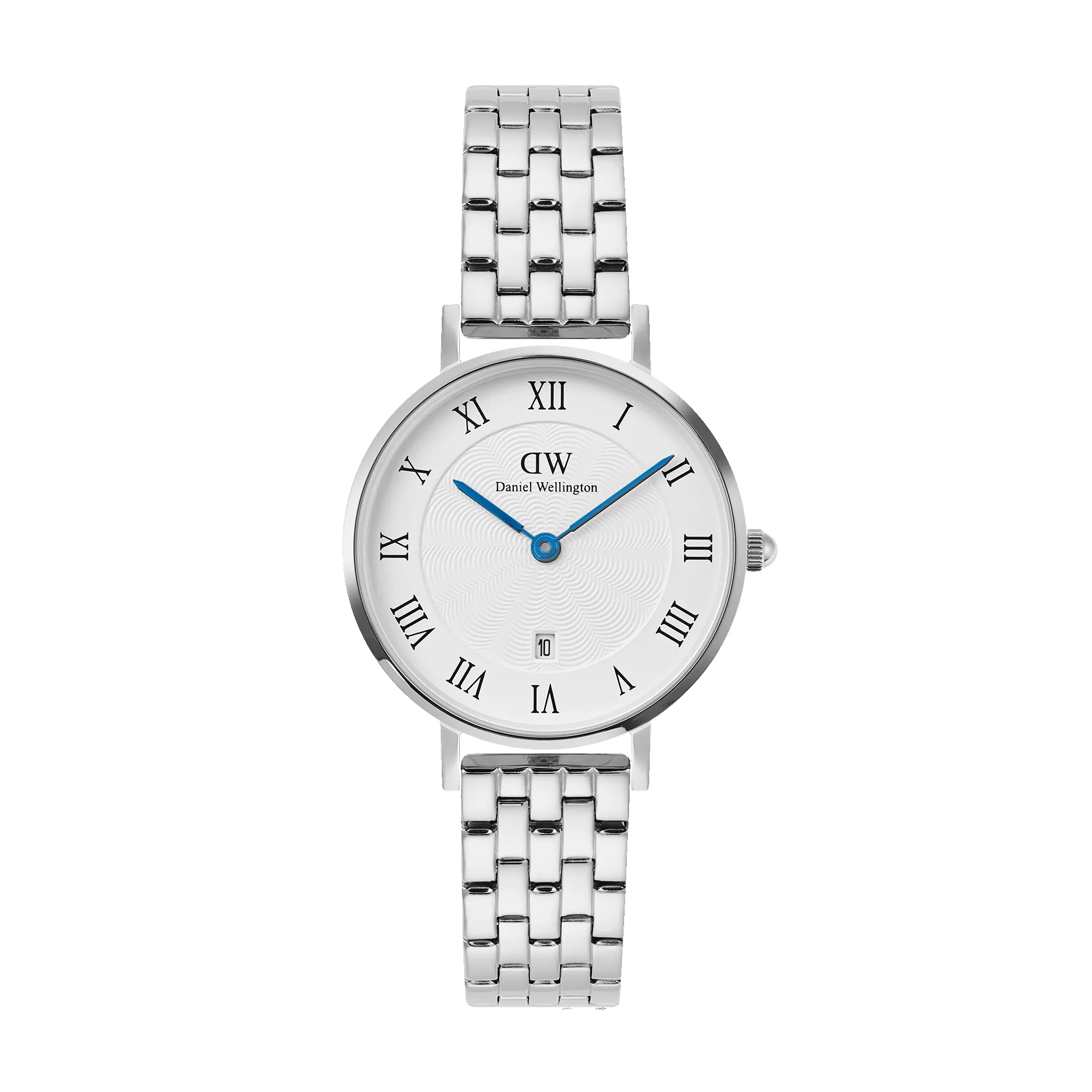Petite Roman Numerals Date 5-link Silver sold by Daniel Wellington