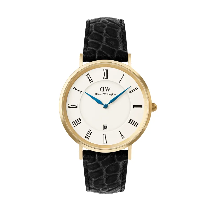 Classic Roman Numerals Date Black Croc Belly Gold sold by Daniel Wellington