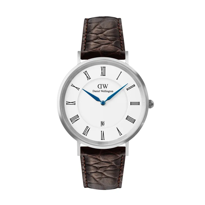 Classic Roman Numerals Date Dark Brown Croc Belly Silver sold by Daniel Wellington