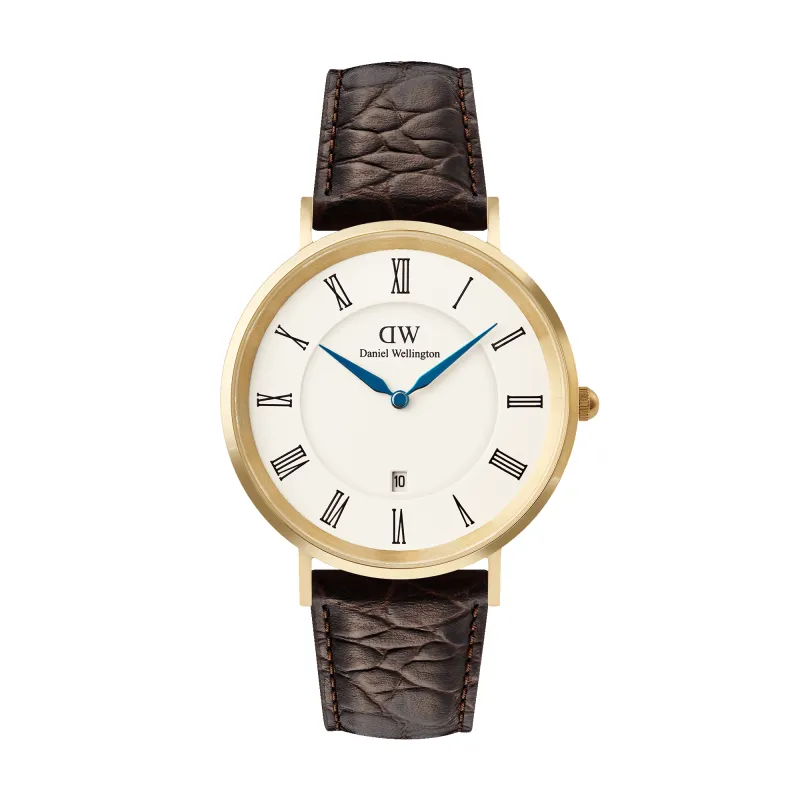 Classic Roman Numerals Date Dark Brown Croc Belly Gold sold by Daniel Wellington