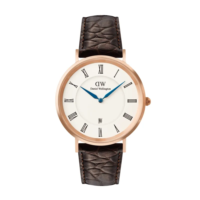 Classic Roman Numerals Date Dark Brown Croc Belly Rose Gold sold by Daniel Wellington