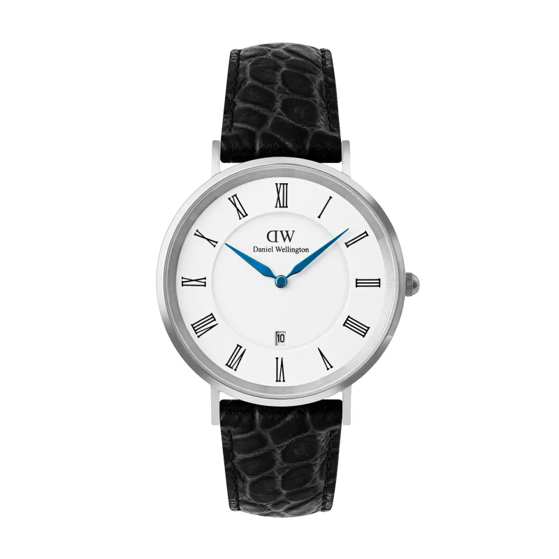 Classic Roman Numerals Date Black Croc Belly Silver sold by Daniel Wellington