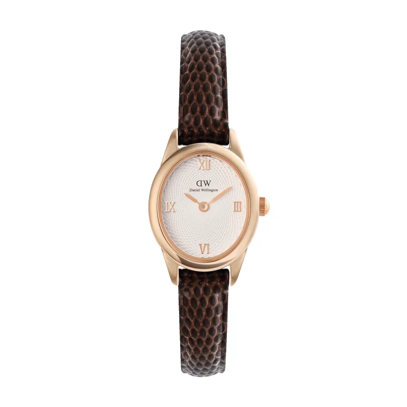 Ophelia Mini Dark Brown Lizard White Guilloché Rose Gold sold by Daniel Wellington