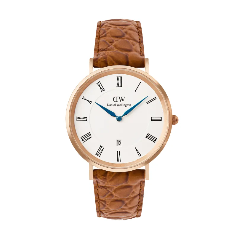 Classic Roman Numerals Date Light Brown Croc Belly Rose Gold sold by Daniel Wellington