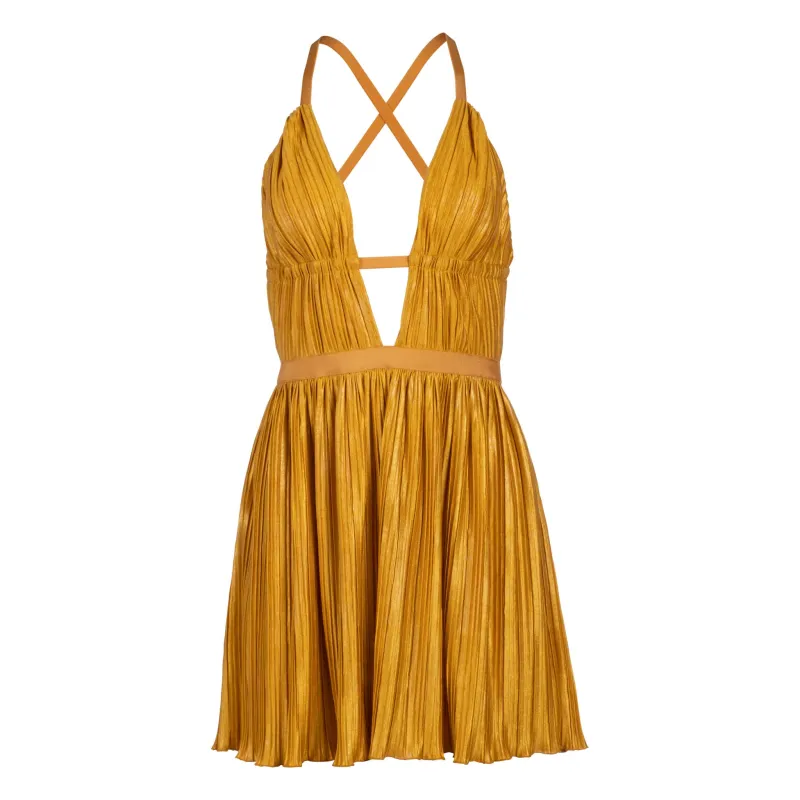 Pleated Gold Coast Plunge Neck Mini Dress sold by DANNIJO