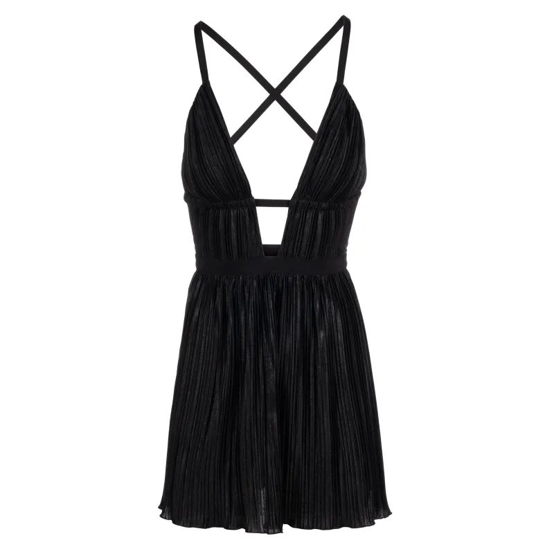 Pleated Noir Plunge Neck Mini Dress sold by DANNIJO