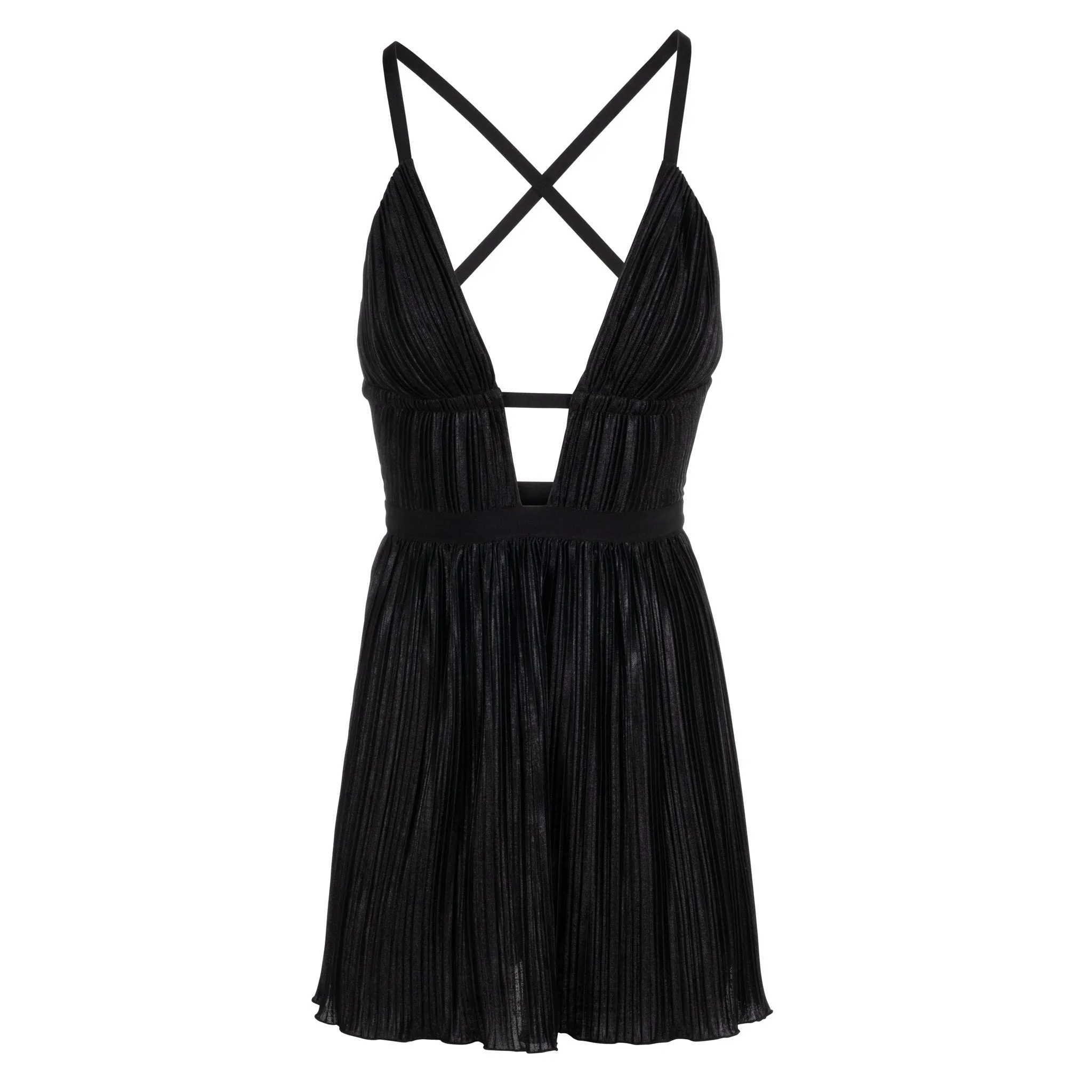 Pleated Noir Plunge Neck Mini Dress sold by DANNIJO