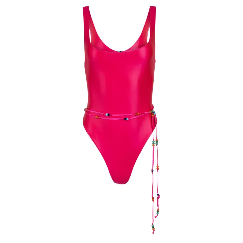 Acid Pink One-Piece Swimsuit with Beaded Belt sold by DANNIJO