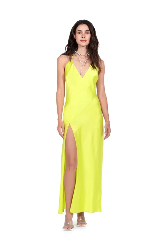 Chartreuse High Slit Deep V Halter Maxi sold by DANNIJO