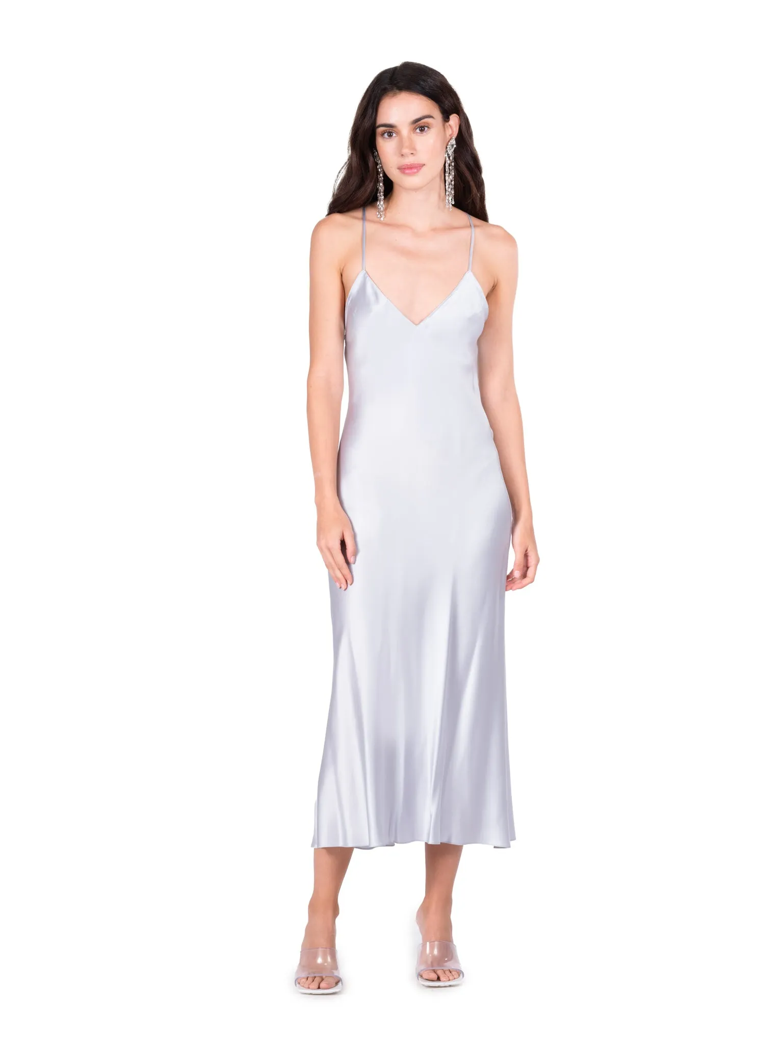 Silver Blue Open Back Cross Strap Midi Slip Dress sold by DANNIJO