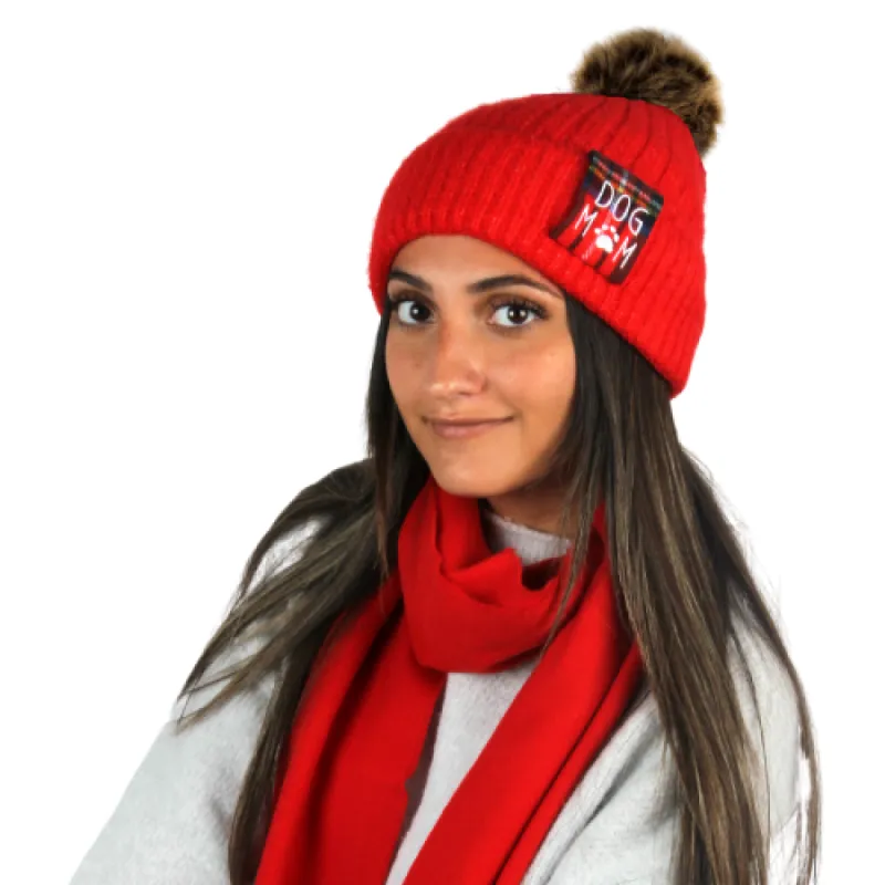Dog Mom Rib Knit Beanie with Faux Fur Pom sold by David and Young