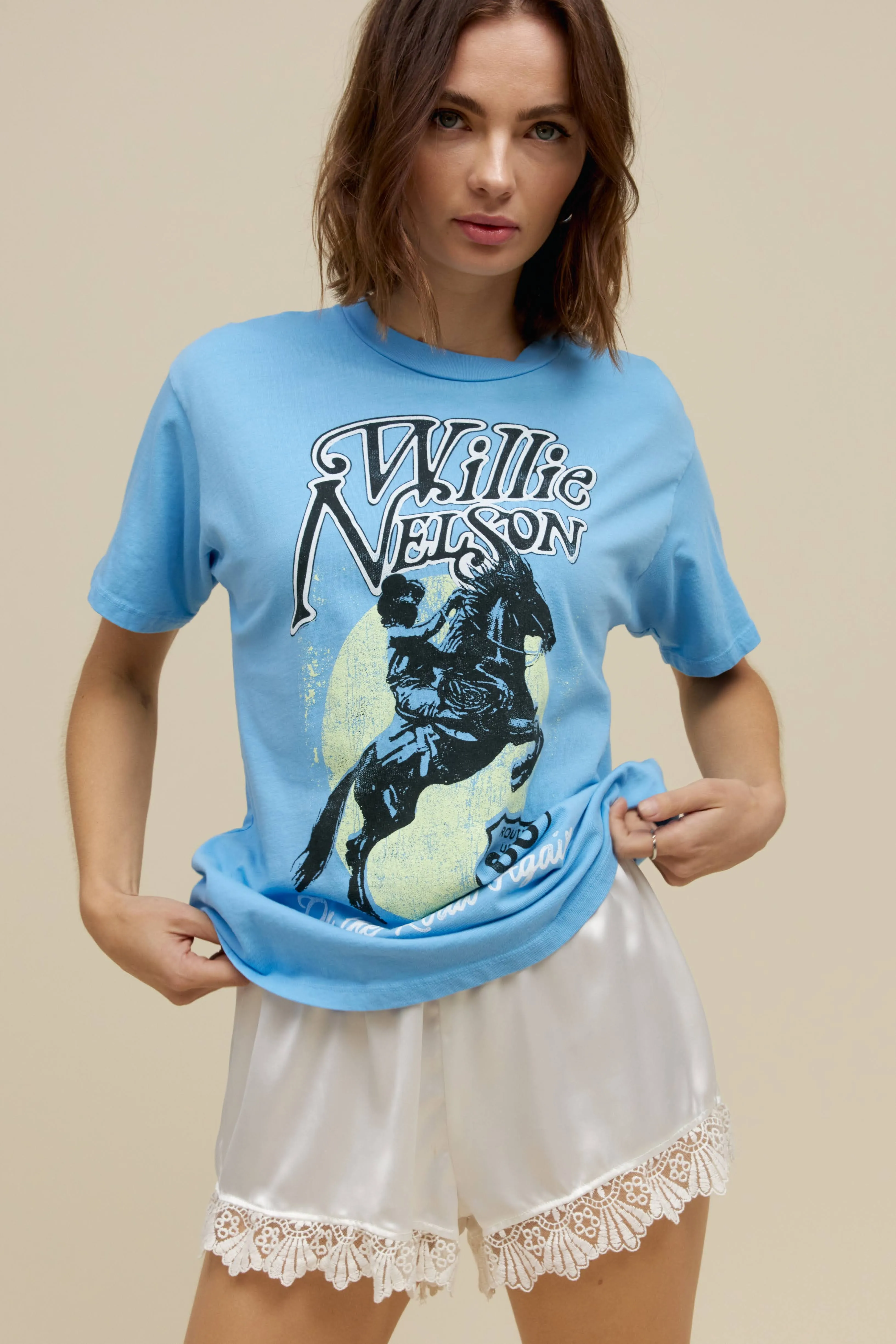 Willie Nelson Route 66 Weekend Tee in Vintage Blue sold by Daydreamer