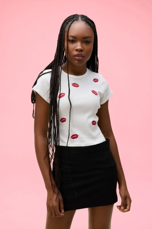Kisses Embroidered Pointelle Tee sold by Daydreamer