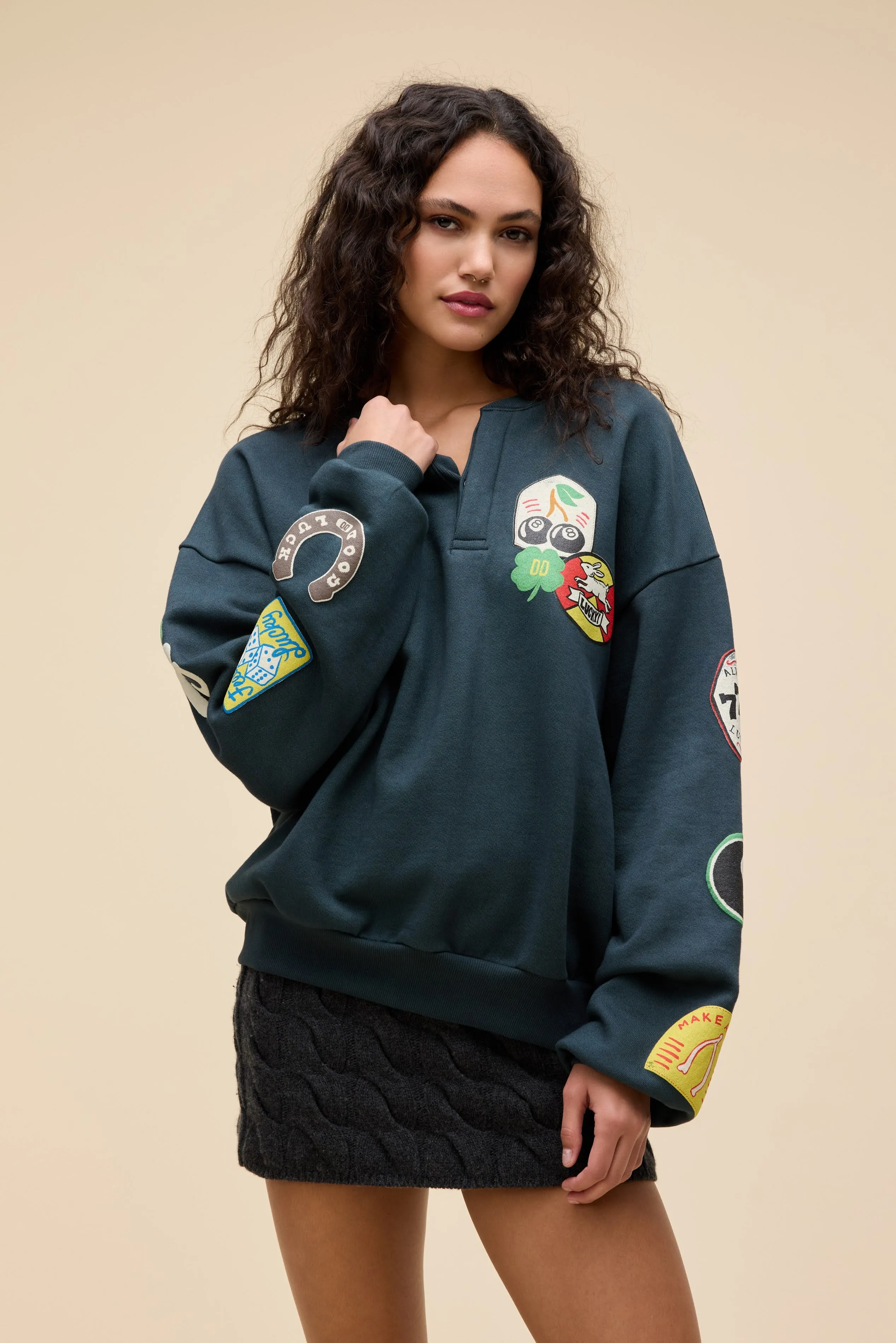 Symbols of Luck Oversized Henley Sweatshirt sold by Daydreamer