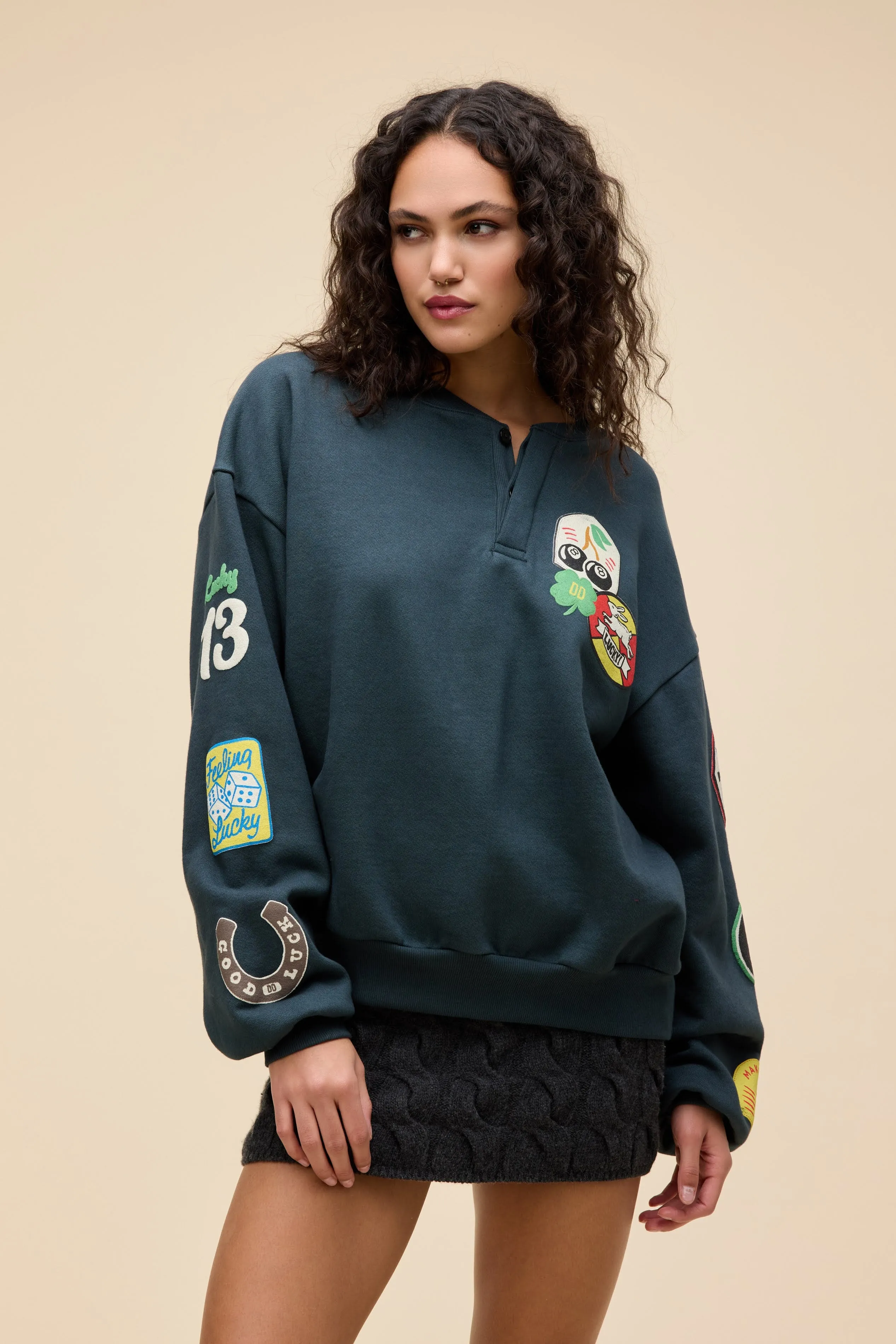 Symbols of Luck Oversized Henley Sweatshirt sold by Daydreamer product image thumbnail 4