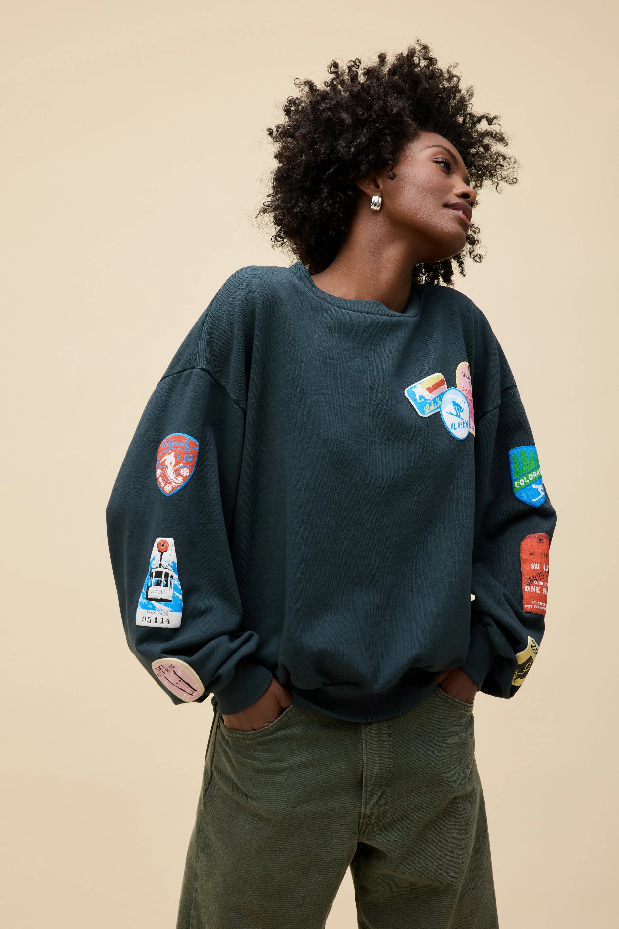 Ski Patch & Pass Collector Oversized Crew Sweatshirt sold by Daydreamer product image thumbnail 3