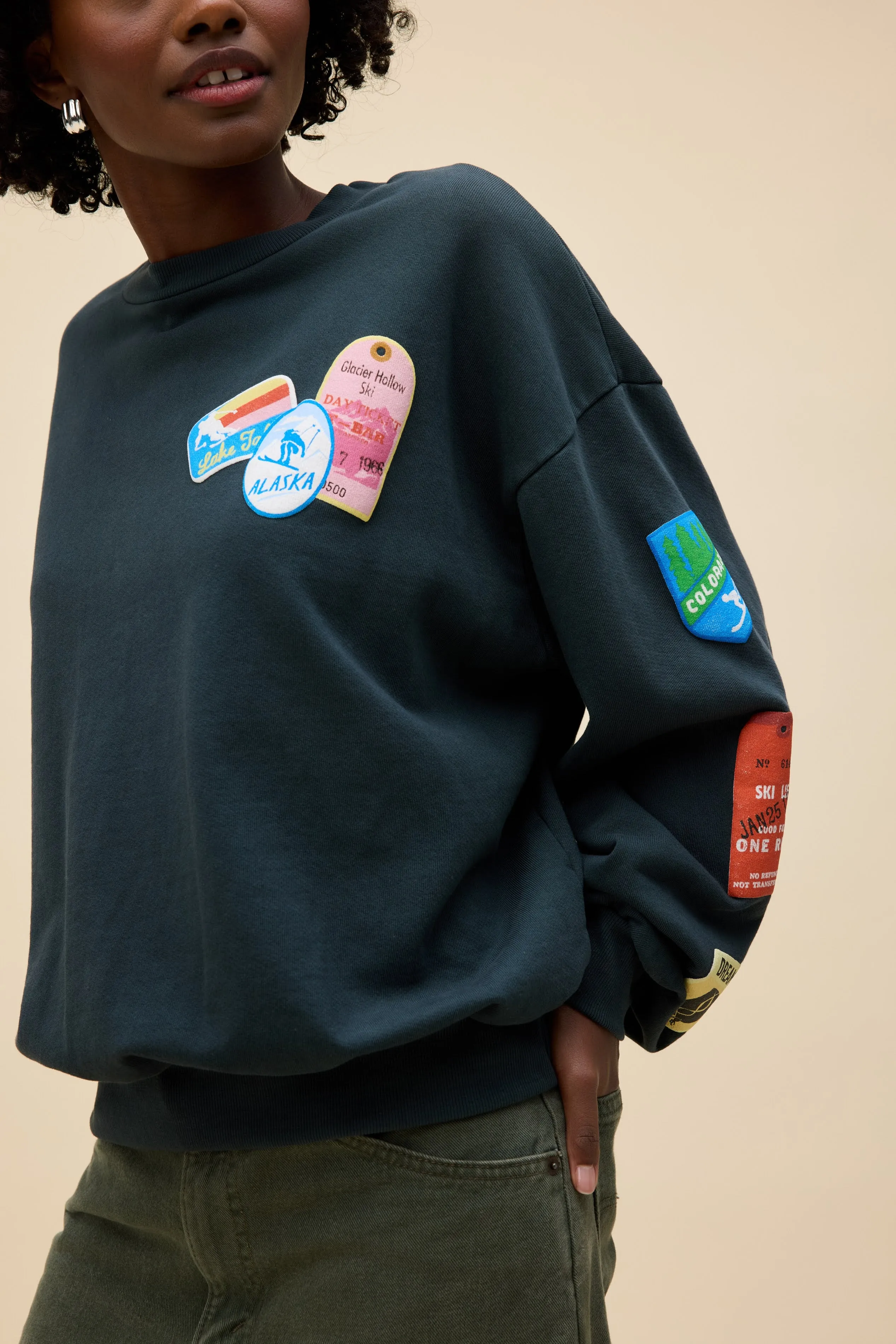 Ski Patch & Pass Collector Oversized Crew Sweatshirt sold by Daydreamer product image thumbnail 2