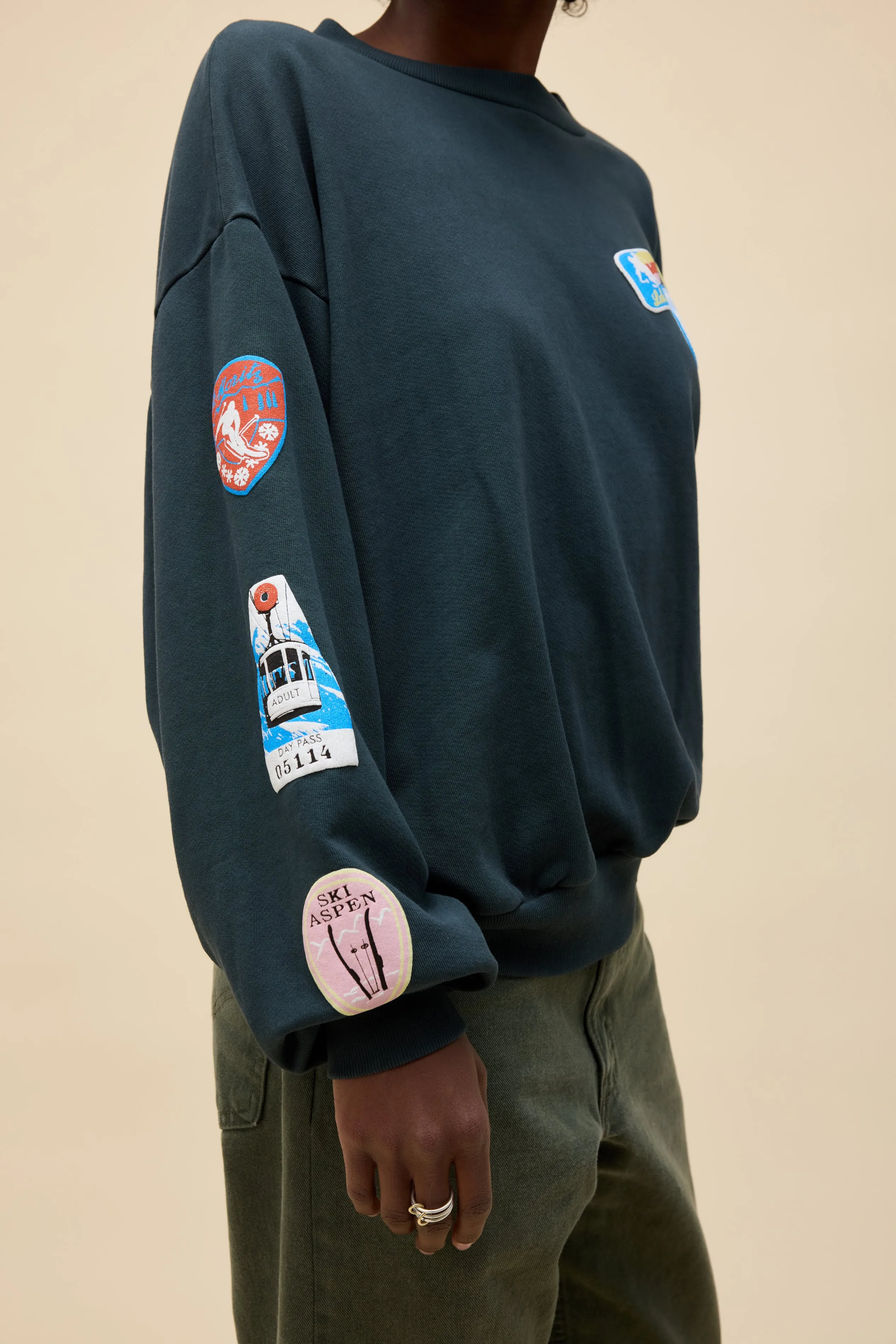 Ski Patch & Pass Collector Oversized Crew Sweatshirt sold by Daydreamer product image thumbnail 5