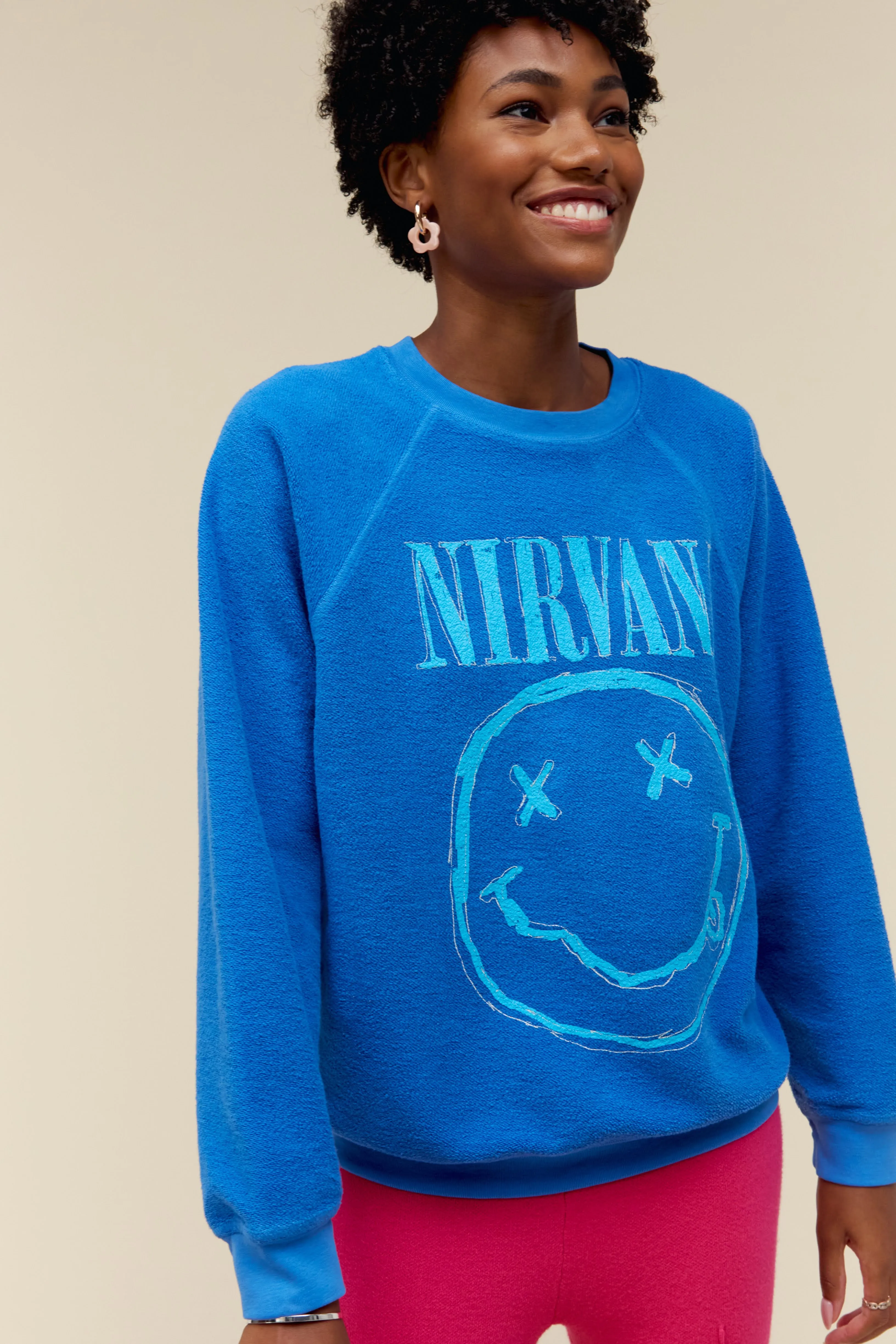 Nirvana Smiley Reverse Raglan Crew in Washed Cobalt sold by Daydreamer product image thumbnail 3