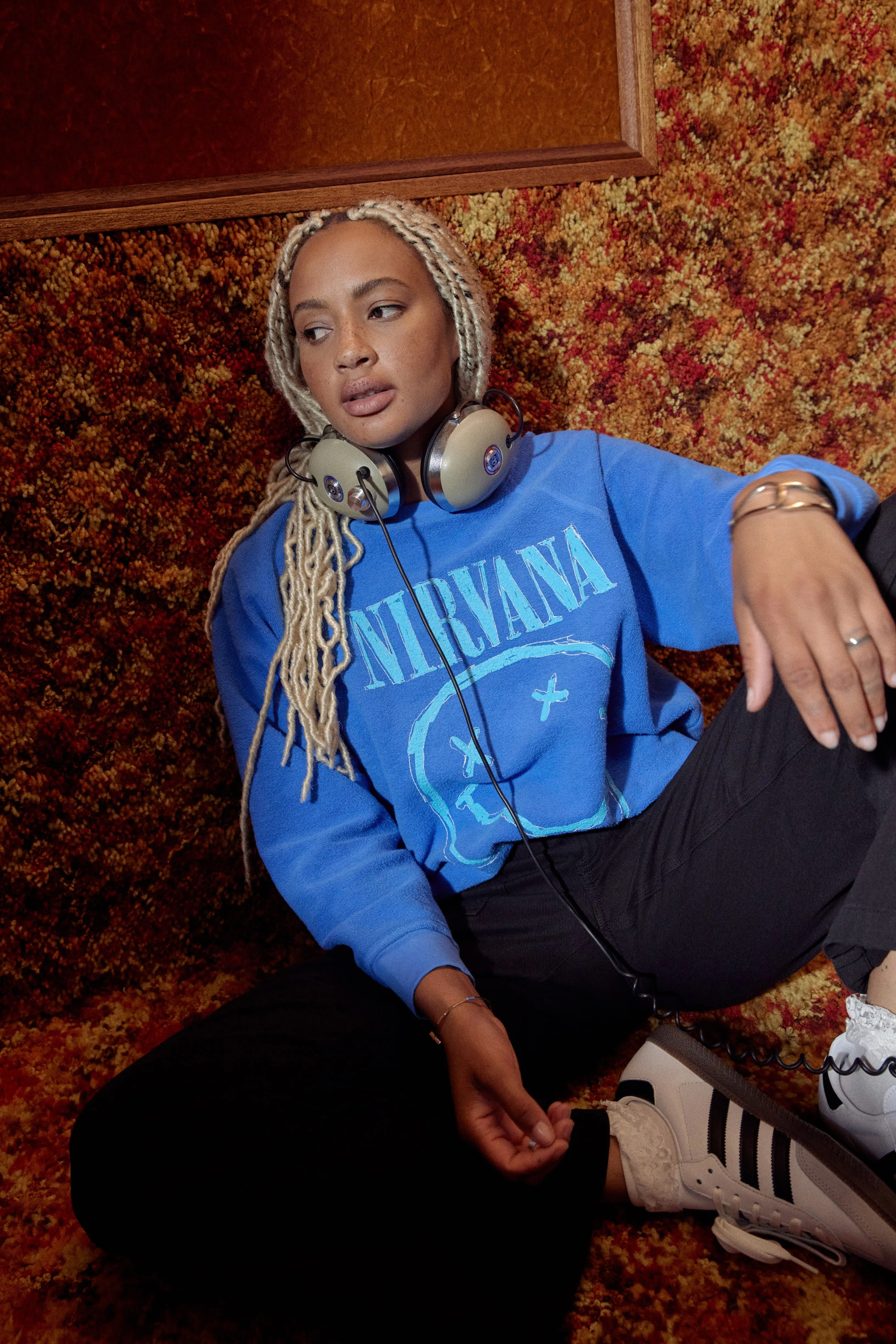 Nirvana Smiley Reverse Raglan Crew in Washed Cobalt sold by Daydreamer product image thumbnail 4