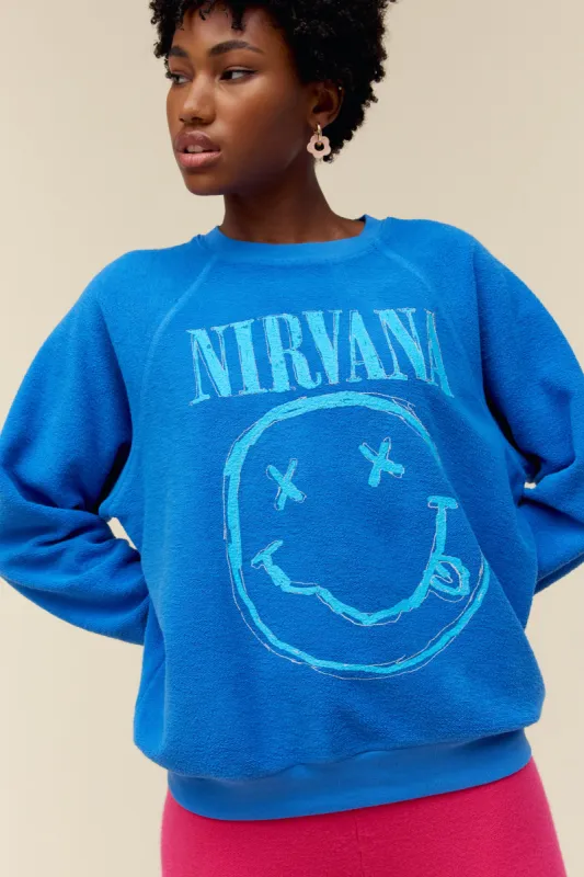 Nirvana Smiley Reverse Raglan Crew in Washed Cobalt sold by Daydreamer