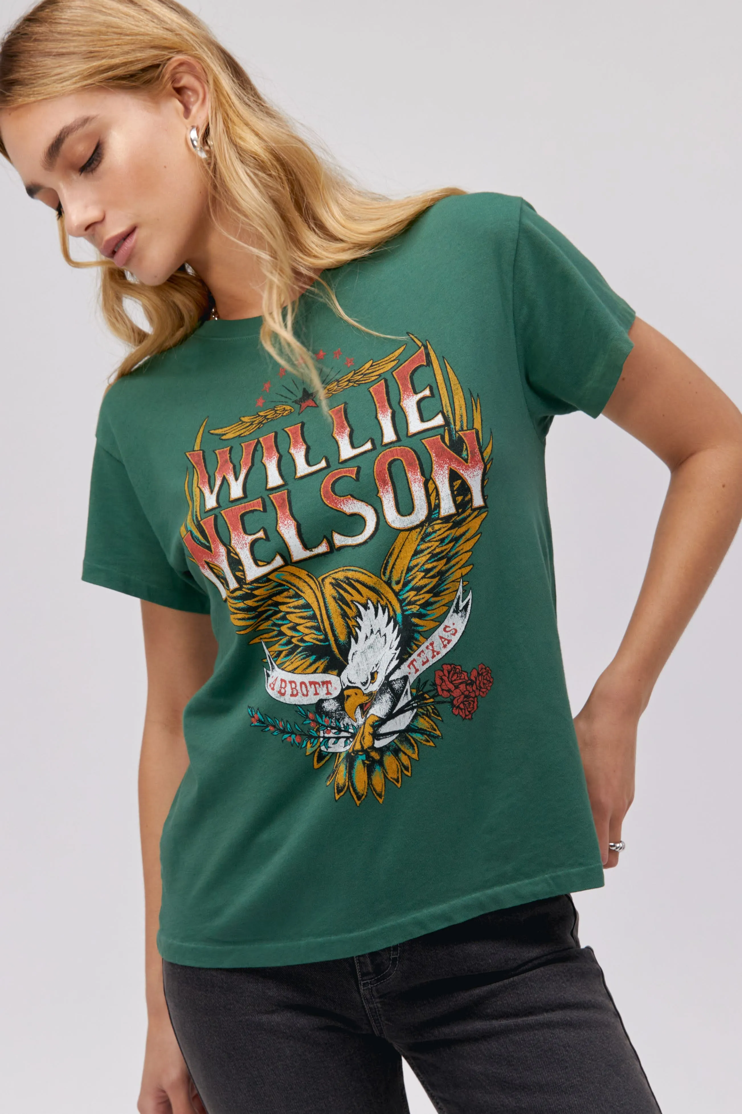 Willie Nelson Abbott Texas Tour Tee in Stormy Green sold by Daydreamer